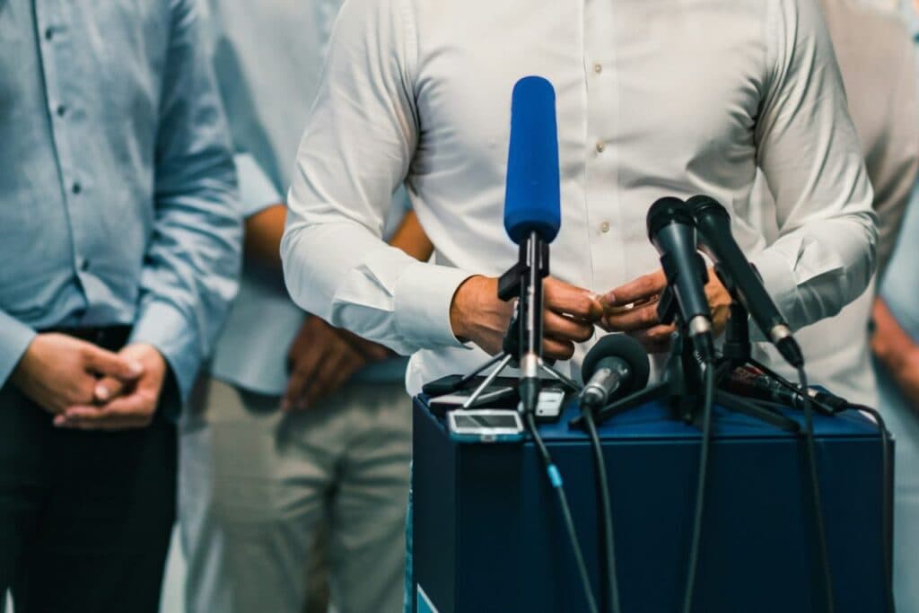 A speaker during a press conference